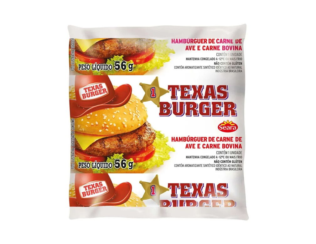 HAMBÚRGUER PEQUENO DE CARNE DE FRANGO E CARNE BOVINA TEXAS BURGUER SEARA 56 G (CX 36 UN)